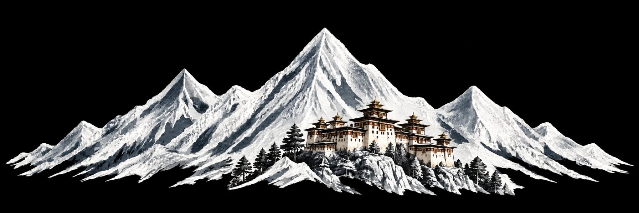 Snowy Bhutanese mountains with a monastery nestled among the peaks